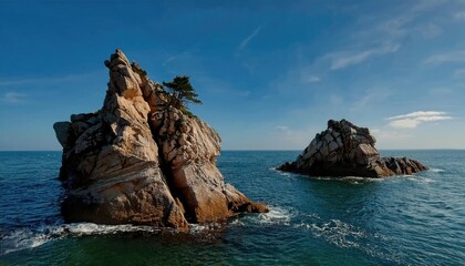 Naklejka premium Rock formations rise out of the ocean under a bright blue sky.