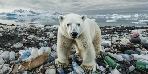 A polar bear stands atop a wasteland of plastic waste, symbolizing the urgent issue of environmental pollution and climate change.