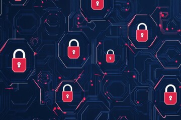 A blue background with hexagons and white padlocks, representing digital security The red icon is set against the dark color of circuit boards or wires to symbolize technology in busines Generative AI