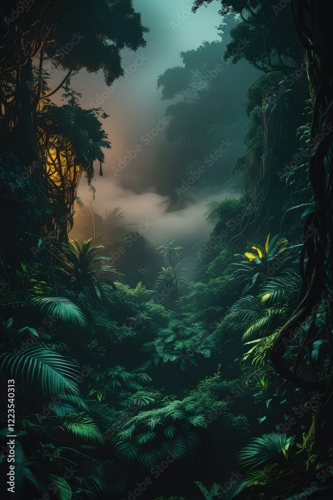 Poster Lush Tropical Forest With Mist and Soft Evening Light. Generative AI