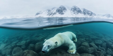 A captivating underwater view of a polar bear swimming gracefully in icy waters, showcasing the beauty of Arctic wildlife and the impact of climate change.