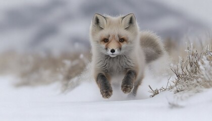 A Stunning White Fox Running in Winter Wonderland
