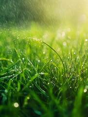 Fresh green grass covered with rain drops in the sunlight