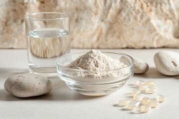 Fototapeta premium A bowl of hydrolyzed marine collagen powder and a glass of water on stones against a light backdrop Promoting a healthy lifestyle Natural supplement