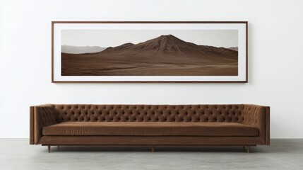 Brown Sofa Underneath a Desert Landscape Photograph