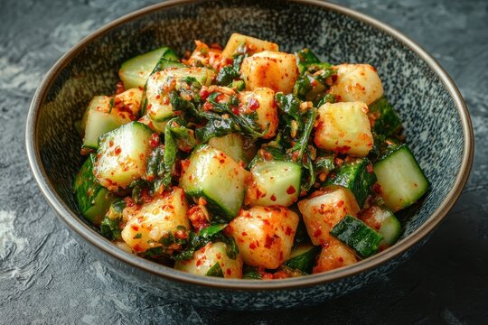 A bowl of spicy homemade Korean cucumber salad oi muchim with seasonings seen from above