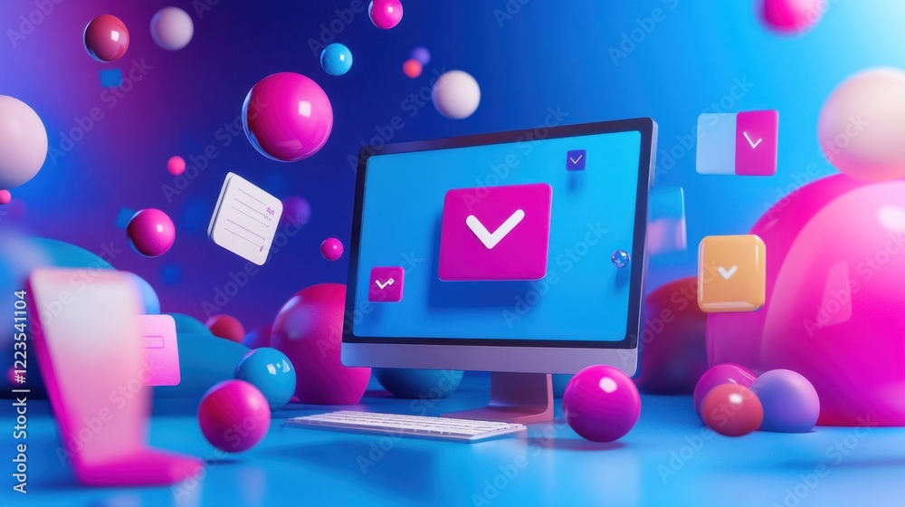 Poster Computer Displaying Email Confirmation With Colorful Spheres