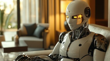 Robot seated in modern interior during daylight hours