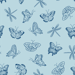 Seamless pattern with colorful butterflies and flowers. Vector illustration.