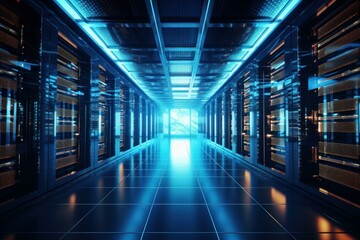 Server racks lining a futuristic corridor, illuminated by glowing blue lights, create a powerful image of data storage and processing