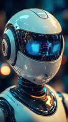 Fototapeta premium Futuristic robot with glowing facial features in urban setting