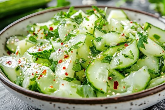 A close up of a bowl of Korean spicy cucumber salad oi muchim on a table Vertical
