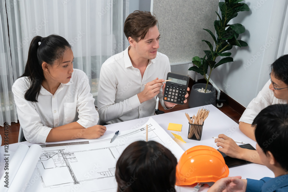 Poster Diverse group of civil engineer and client working together on architectural project, building blueprint and calculate risk reduction for construction project at meeting table. Prudent