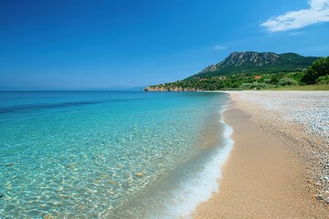 Obraz premium Serene Beach with Clear Blue Water and Rocky Cliffs