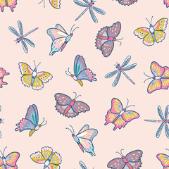 Seamless pattern with colorful butterflies and flowers. Vector illustration.