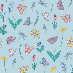 Seamless pattern with colorful butterflies and flowers. Vector illustration.