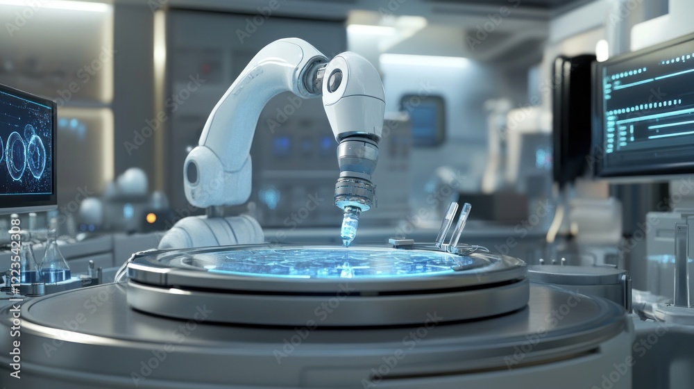 Poster robotic arm precisely dispensing fluid in modern laboratory