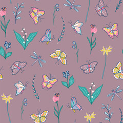 Seamless pattern with colorful butterflies and flowers. Vector illustration.