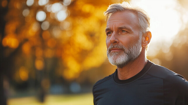 Portrait of a mature man with a gray beard outdoors, standing in a park with golden autumn trees and warm sunlight in the background, wearing a black shirt and looking thoughtful