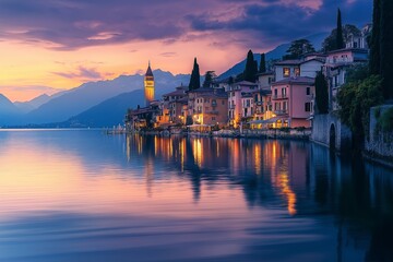 Obraz premium A reflection of a dream-like city in still water at twilight 
