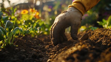 Obraz premium Planting Seeds with A Gardener's Hand in the Earth