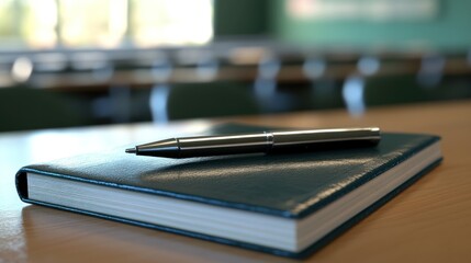 A Closed Notebook And Pen Rest On A Table