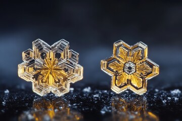 Two unique snowflakes on dark background.