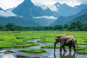 Majestic Elephant in Serene Mountain Valley