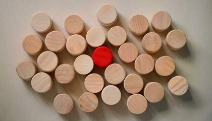 둥근 나무 블록들과 네모난 나무 블록이 섞여 있는 가운데, 유일하게 붉게 칠해진 삼각형 블록이 돋보이는 장면