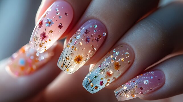 Colorful nails featuring various flowers and sparkles catch the light with a soft gradient. The hand delicately displays the intricate design in a serene indoor environment