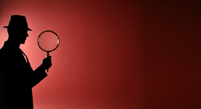 Silhouette of person with magnifying glass against red background, symbolizing investigation or mystery