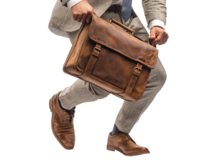 A businessman, carrying a brown leather briefcase, rushes forward, a close-up on the bag and his legs in motion.