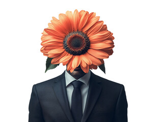 A minimalist collage portrait of a man in a suit with a sunflower head, isolated on a white...