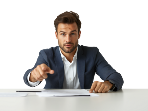 A handsome man in his thirties, with brown hair and stubble, wearing business attire, sits at a white desk, pointing directly at the viewer.
