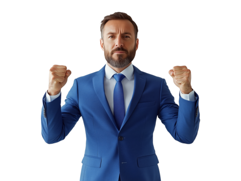A bearded man with brown hair, wearing a blue suit and tie, stands with a raised fist, cheering towards the camera. - Powered by Adobe