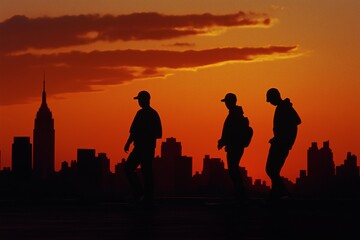 Fototapeta premium A silhouette of skateboarders against a sunset skyline. --ar 3:2 --style raw --v 6.1 Job ID: eb399f50-8a37-4fa2-bb2b-2c5c3ba61f37