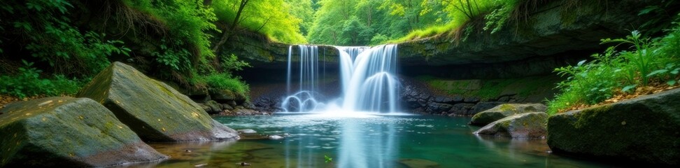 Obraz premium Serene waterfall amidst lush greenery and stones, nature, forest