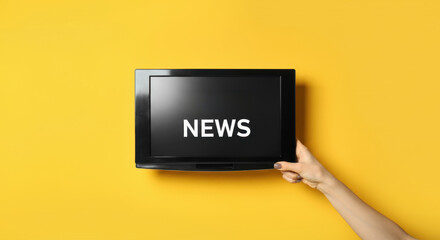 Word "NEWS" displayed on TV screen against yellow background