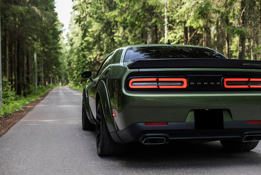 car in the forest road Dodge Challenger R/T 392 Hemi Scat Pack Shaker widebody green