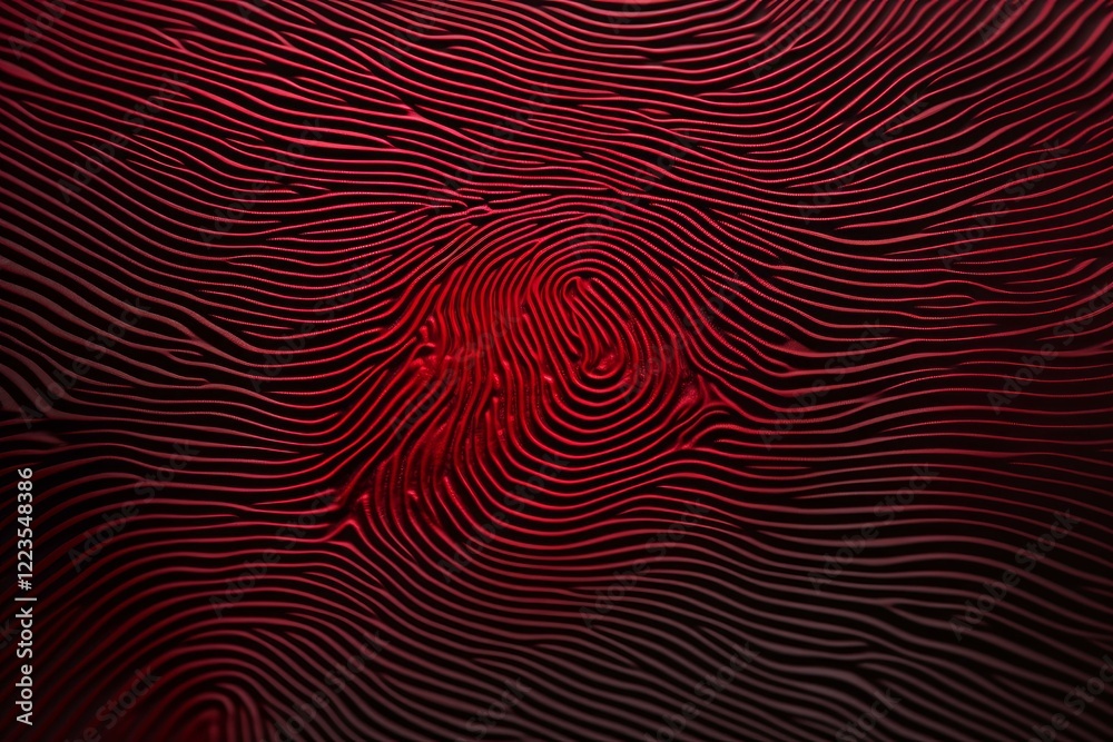 Poster fingerprint glowing red on wavy background creating an abstract design, suitable for security and te