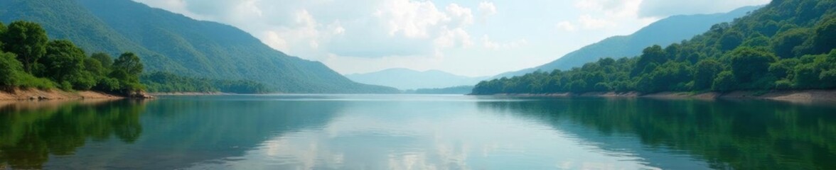 Fototapeta premium Serene waters of Periyar river below Mullaperiyaru Dam, peaceful, riverbank