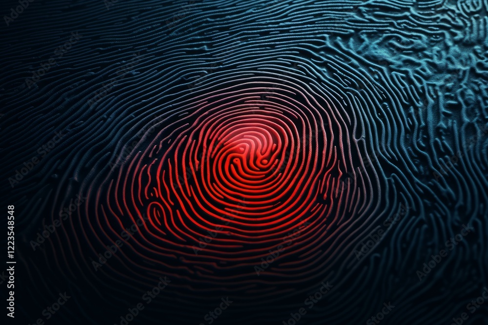 Poster macro close up of glowing red fingerprint pattern emphasizing identity, privacy and security