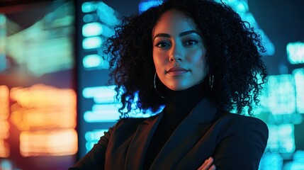 Visionary leader in technology hub city skyline business portrait futuristic environment dramatic viewpoint