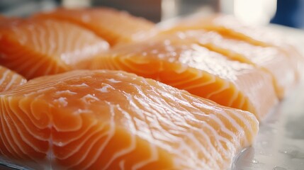 Fresh raw salmon fillets displayed on ice in a seafood market