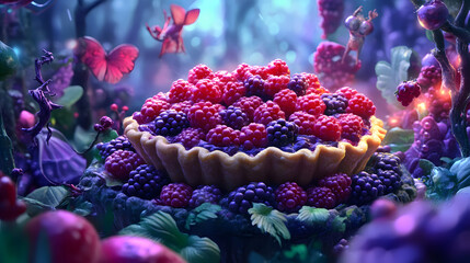 An Enchanting Fairytale-Style Berry Pie with Magical Glowing Berries Surrounded by a Whimsical and Lush Forest Setting