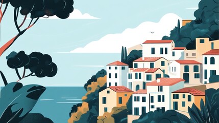 Coastal Village Houses nestled on a hillside overlooking the sea