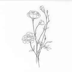 simple line drawing of chrysanthemum and carnation stems crossing eachother black and white simple minimalistic