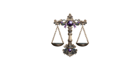 Ornate decorative balance scale with jewels isolated on transparent background