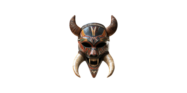 Tribal horned mask with intricate patterns isolated on transparent background