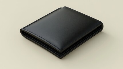 A closed black leather wallet rests on a beige surface